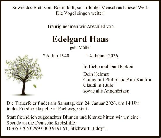 Traueranzeige von Edelgard Haas von WRS