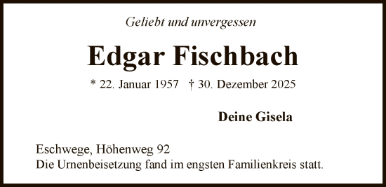 Traueranzeige von Edgar Fischbach von WRS