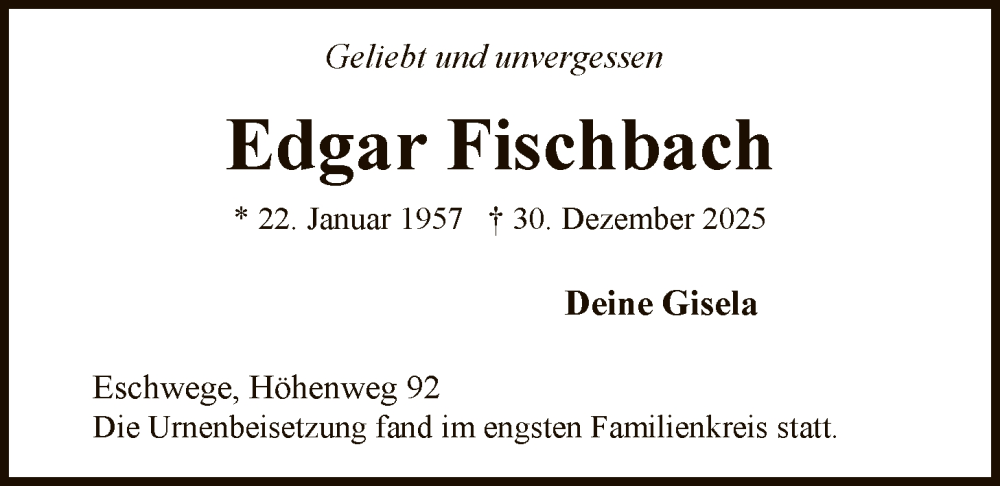  Traueranzeige für Edgar Fischbach vom 24.01.2026 aus WRS