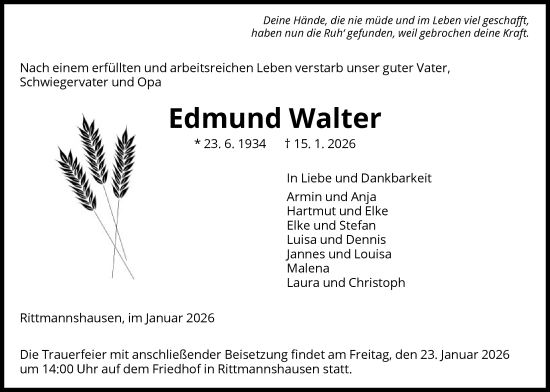 Traueranzeige von Edmund Walter von WRS