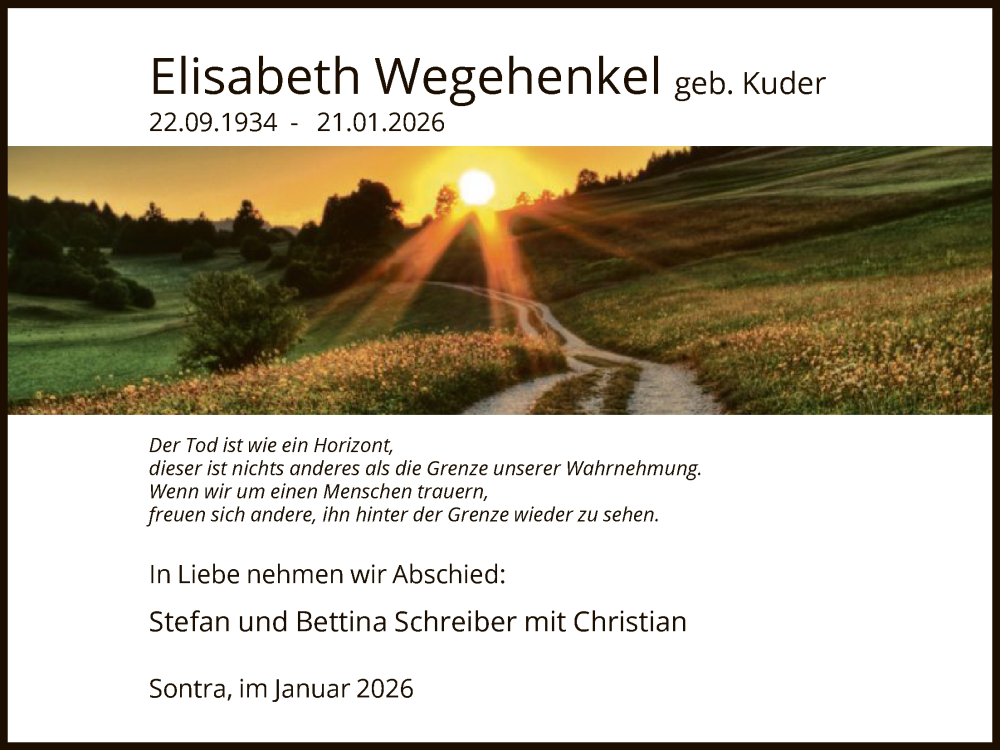  Traueranzeige für Elisabeth Wegehenkel vom 31.01.2026 aus WRS