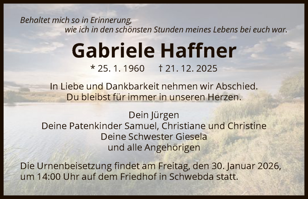  Traueranzeige für Gabriele Haffner vom 27.01.2026 aus WRS