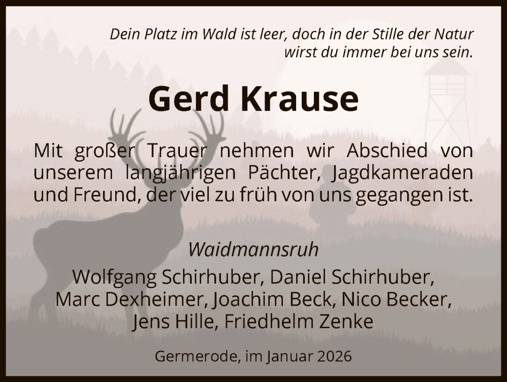  Traueranzeige für Gerd Krause vom 31.01.2026 aus WRS