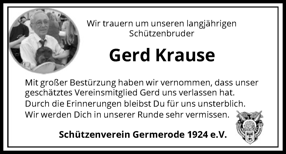 Traueranzeige für Gerd Krause vom 31.01.2026 aus WRS