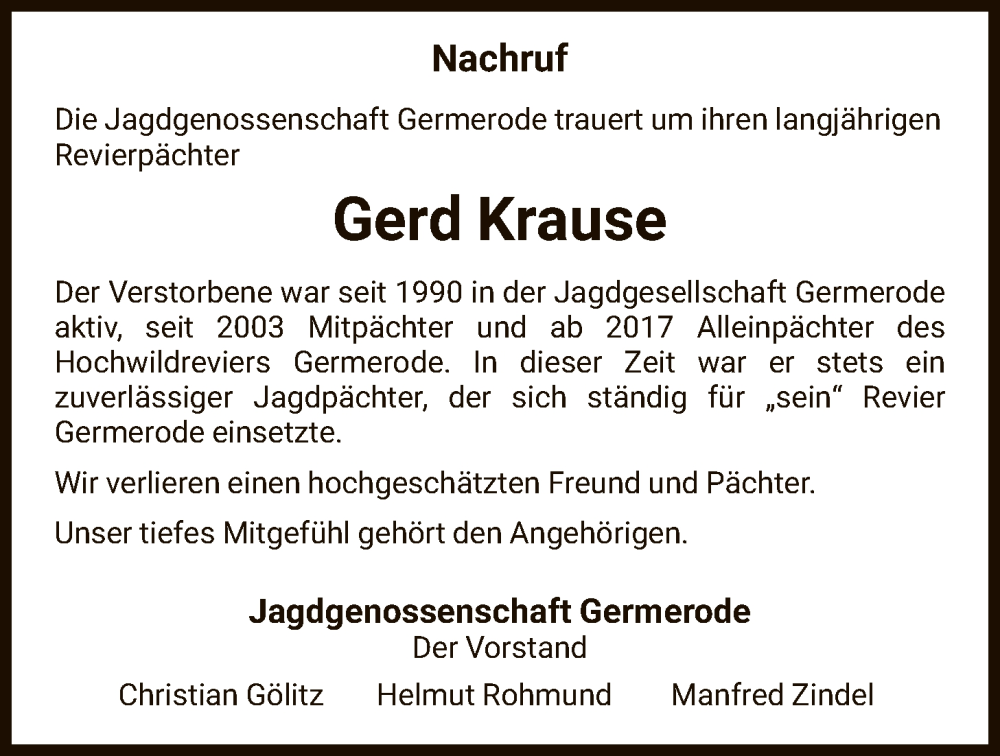  Traueranzeige für Gerd Krause vom 31.01.2026 aus WRS