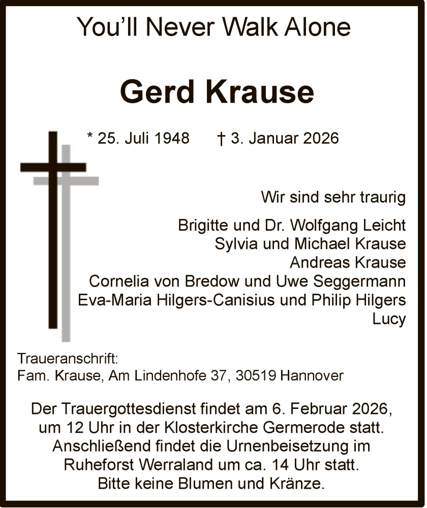  Traueranzeige für Gerd Krause vom 31.01.2026 aus WRS