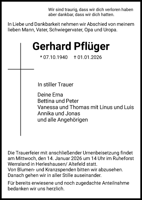 Traueranzeige von Gerhard Pflüger von WRS