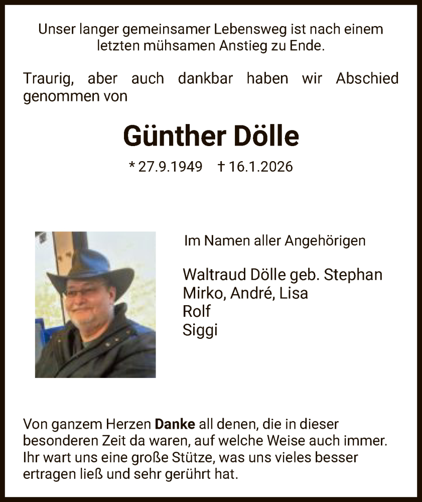  Traueranzeige für Günther Dölle vom 24.01.2026 aus WRS