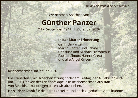 Traueranzeige von Günther Panzer von WRS