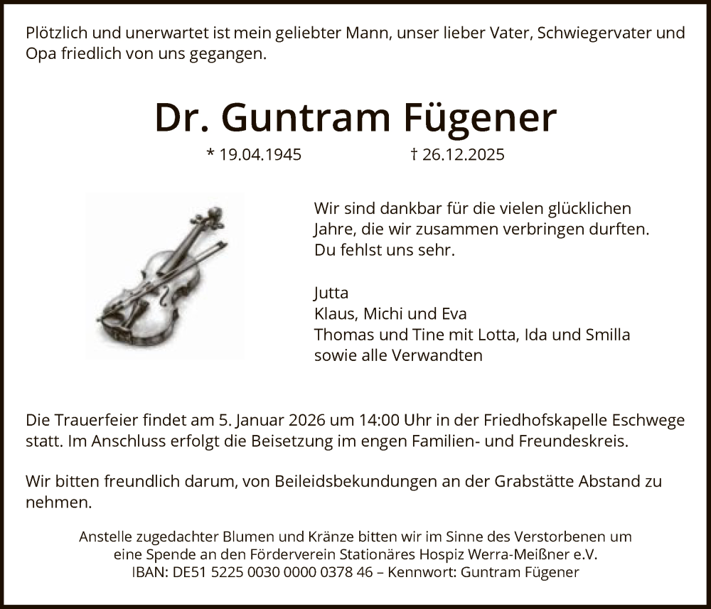  Traueranzeige für Guntram Fügener vom 03.01.2026 aus WRSWRS