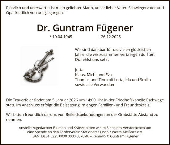 Traueranzeige von Guntram Fügener von WRSWRS