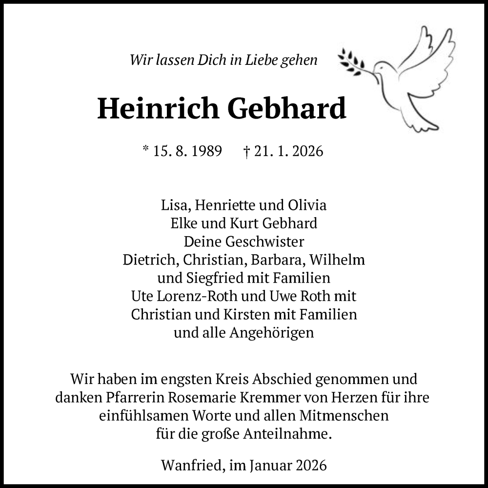  Traueranzeige für Heinrich Gebhard vom 31.01.2026 aus WRS