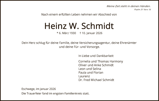 Traueranzeige von Heinz W. Schmidt von WRS