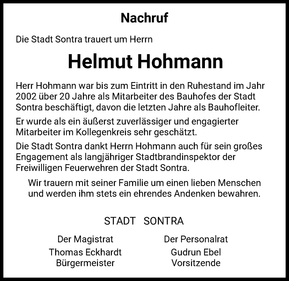  Traueranzeige für Helmut Hohmann vom 14.01.2026 aus WRS