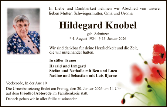 Traueranzeige von Hildegard Knobel von WRS