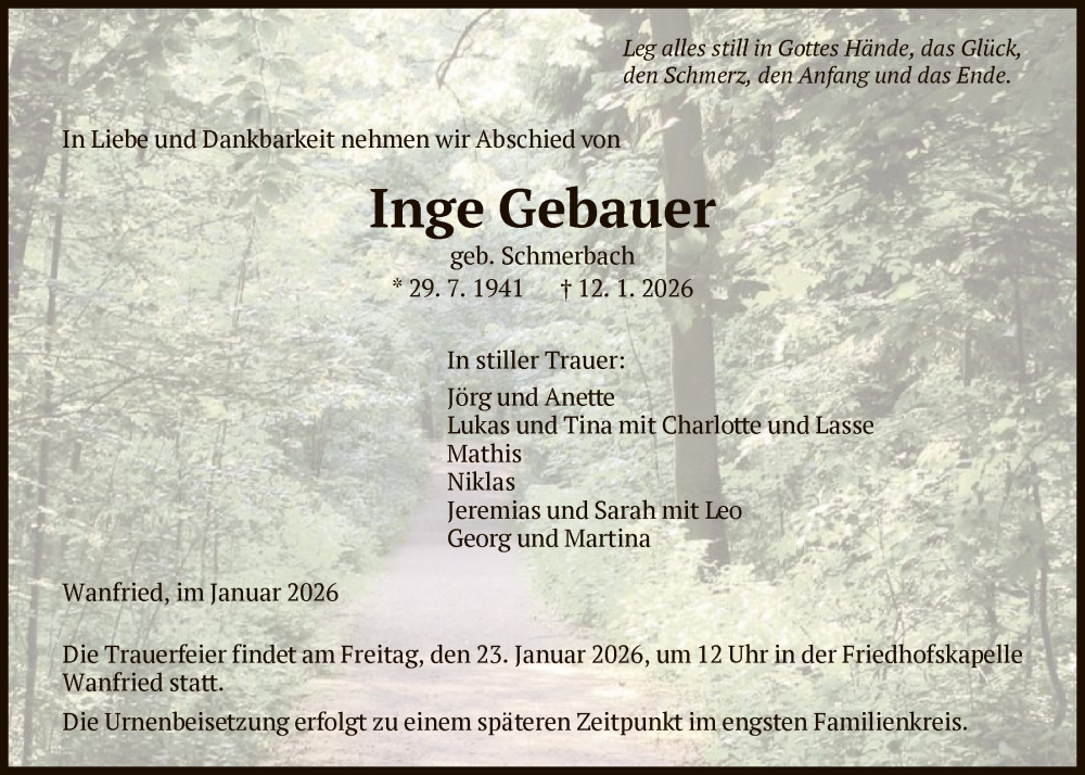  Traueranzeige für Inge Gebauer vom 21.01.2026 aus WRS