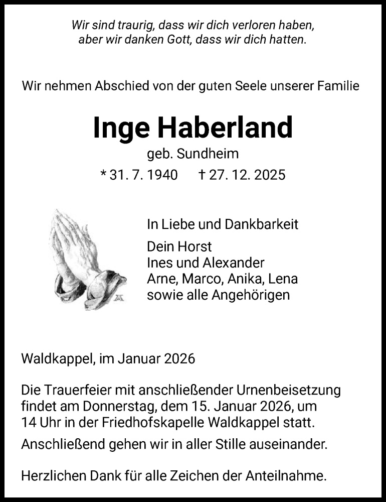  Traueranzeige für Inge Haberland vom 10.01.2026 aus WRS