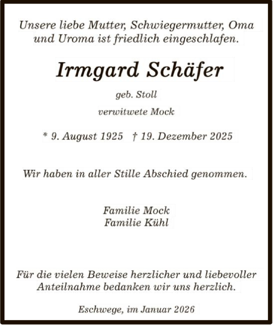 Traueranzeige von Irmgard Schäfer von WRS