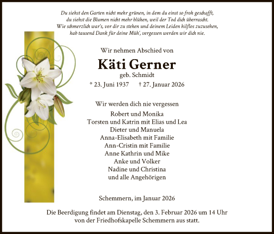 Traueranzeige von Käti Gerner von WRS