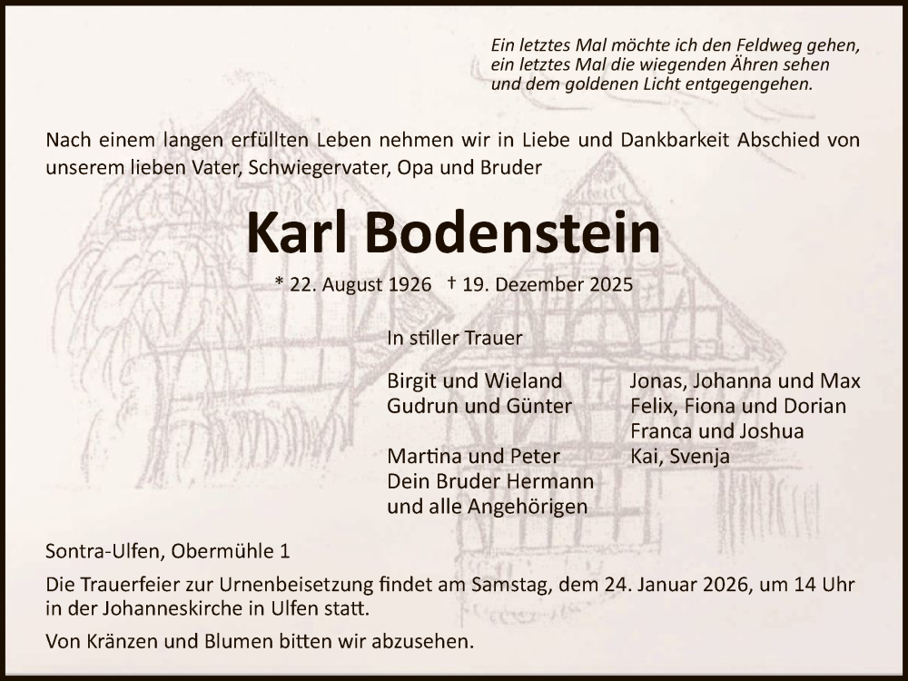  Traueranzeige für Karl Bodenstein vom 17.01.2026 aus WRS
