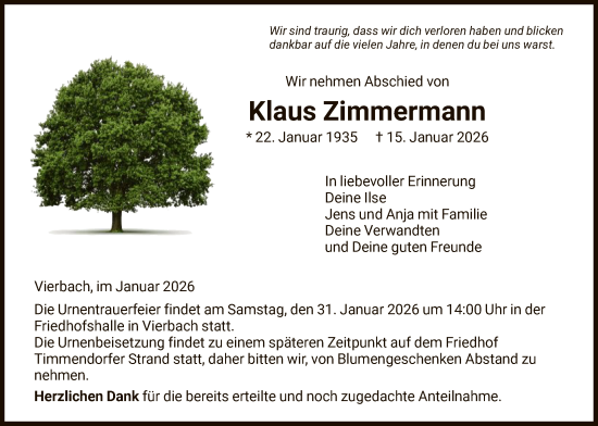 Traueranzeige von Klaus Zimmermann von WRS