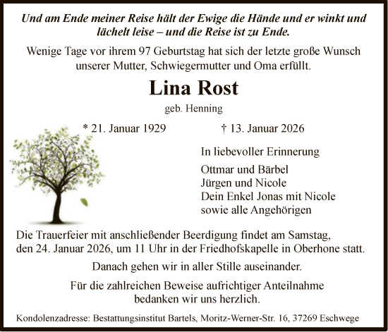 Traueranzeige von Lina Rost von WRS