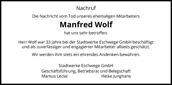 Traueranzeige von Manfred Wolf von WRS