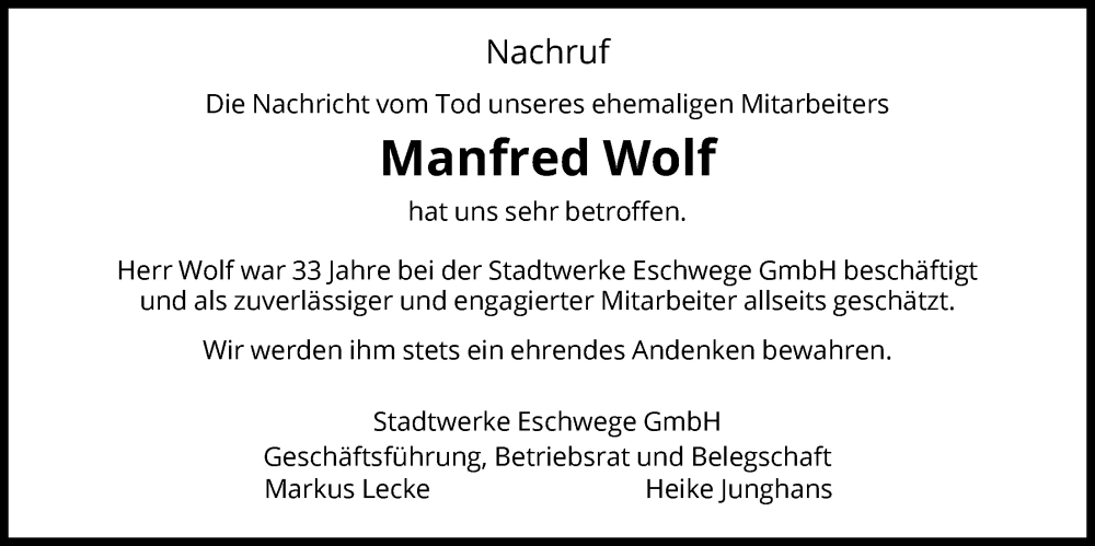  Traueranzeige für Manfred Wolf vom 24.01.2026 aus WRS