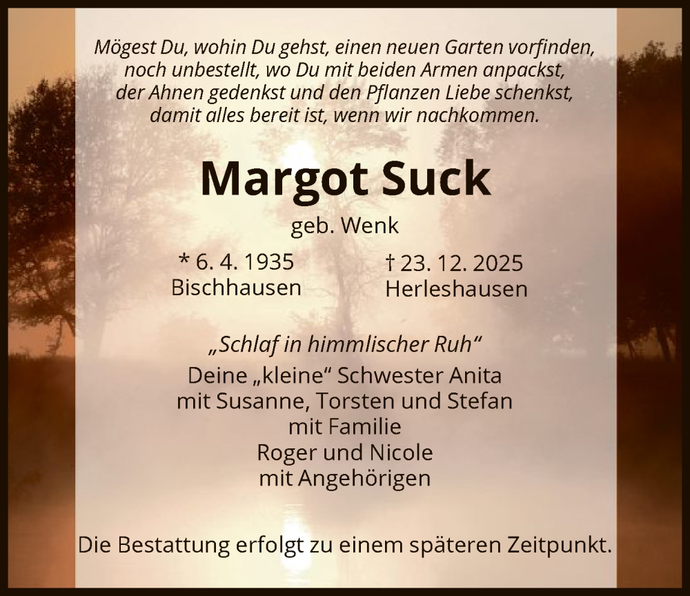  Traueranzeige für Margot Suck vom 03.01.2026 aus WRS