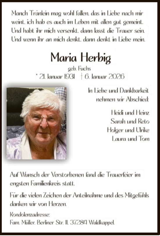 Traueranzeige von Maria Lerbig von WRS