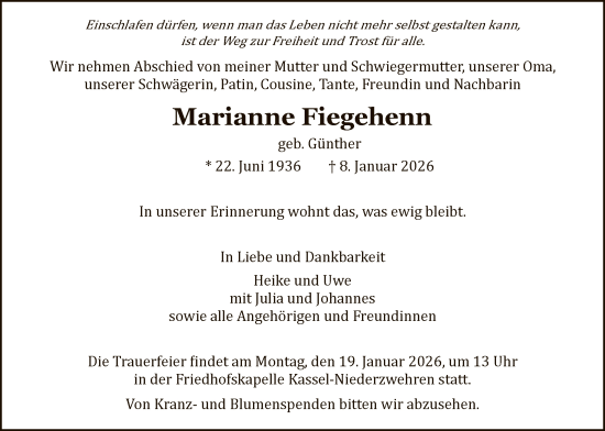 Traueranzeige von Marianne Fiegehenn von HNAHNAHNAHNAWRS