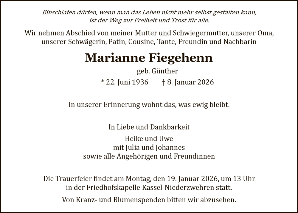  Traueranzeige für Marianne Fiegehenn vom 17.01.2026 aus HNAHNAHNAHNAWRS