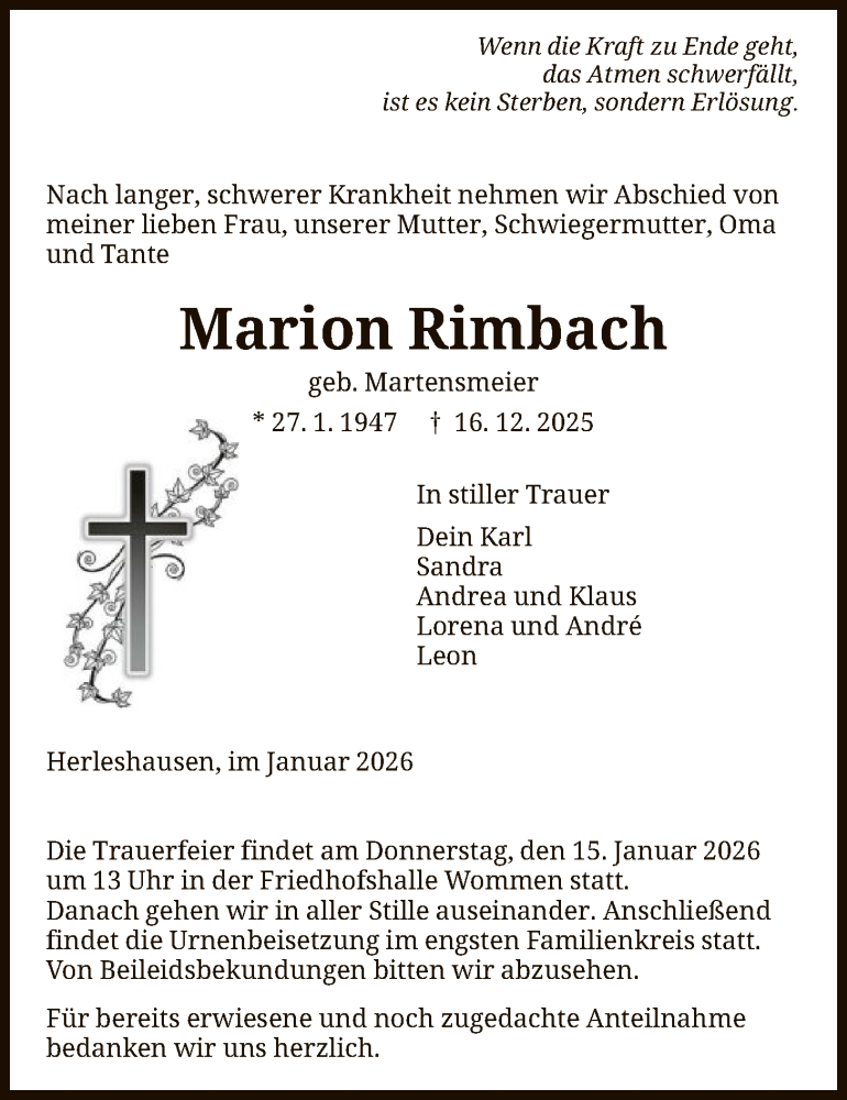  Traueranzeige für Marion Rimbach vom 10.01.2026 aus WRS