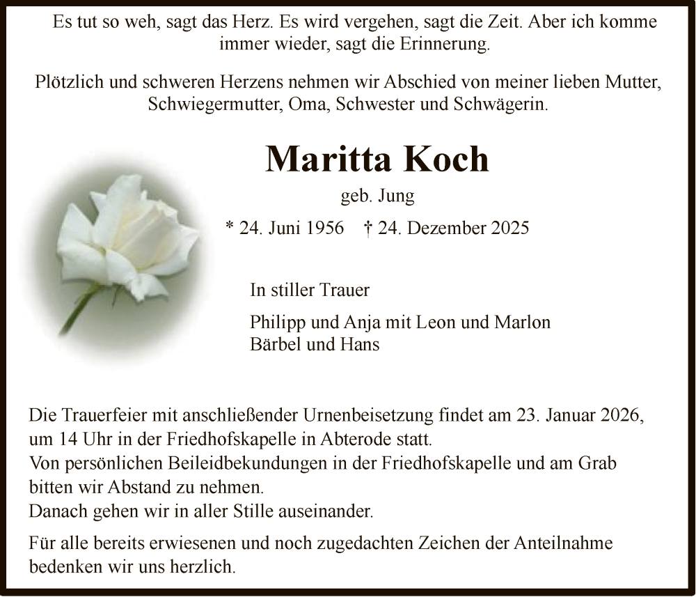  Traueranzeige für Maritta Koch vom 17.01.2026 aus WRS