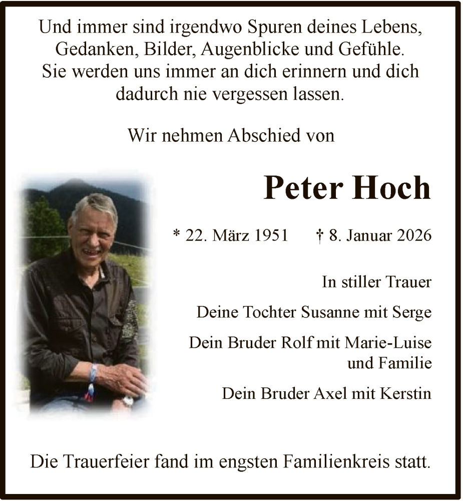  Traueranzeige für Peter Hoch vom 24.01.2026 aus WRS
