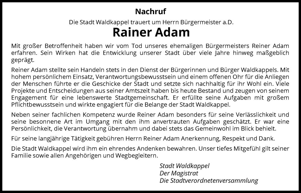  Traueranzeige für Rainer Adam vom 31.01.2026 aus WRS