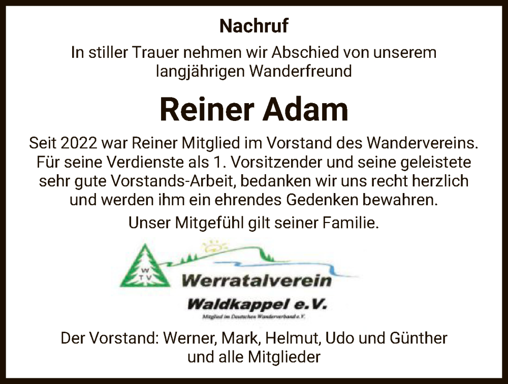  Traueranzeige für Reiner Adam vom 24.01.2026 aus WRS