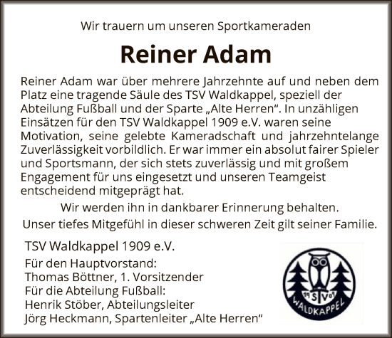 Traueranzeige von Reiner Adam von WRS