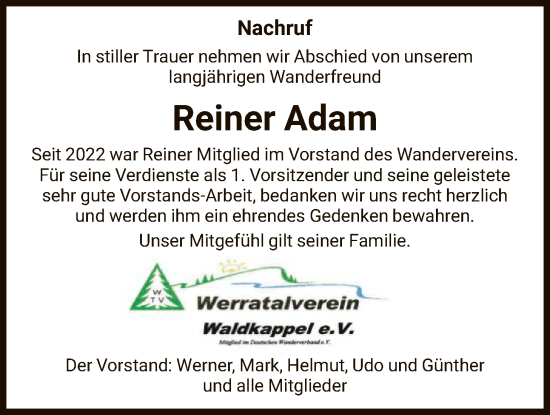 Traueranzeige von Reiner Adam von WRS