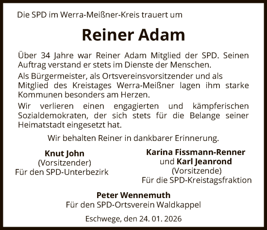 Traueranzeige von Reiner Adam von WRS