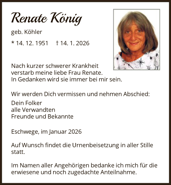 Traueranzeige von Renate König von WRS