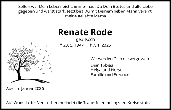 Traueranzeige von Renate Rode von WRS