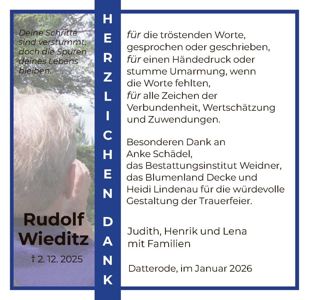  Traueranzeige für Rudolf Wieditz vom 31.01.2026 aus WRS