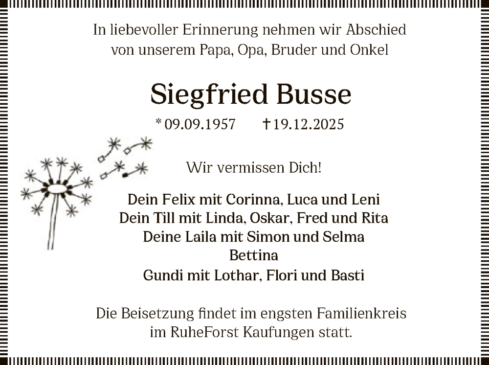  Traueranzeige für Siegfried Busse vom 17.01.2026 aus WRS