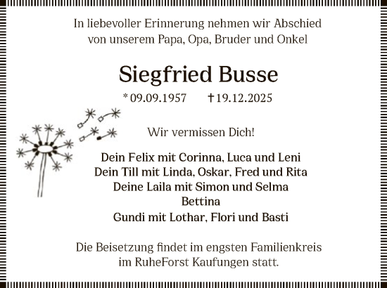 Traueranzeige von Siegfried Busse von WRS