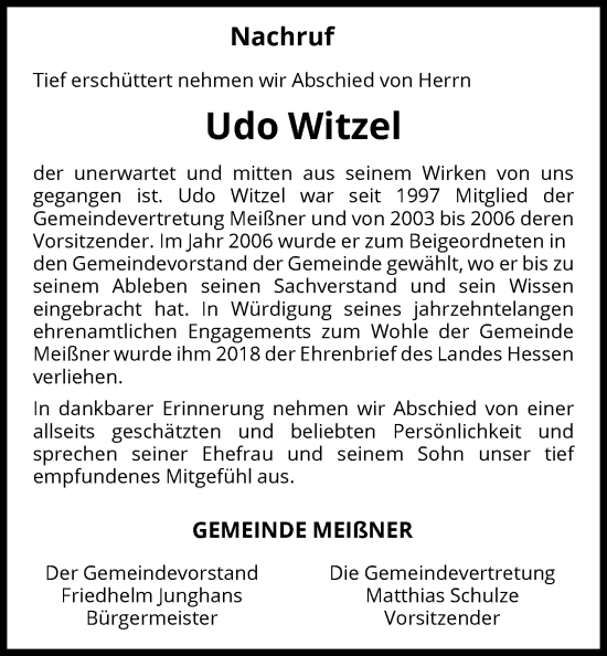 Traueranzeige von Udo Witzel von WRS