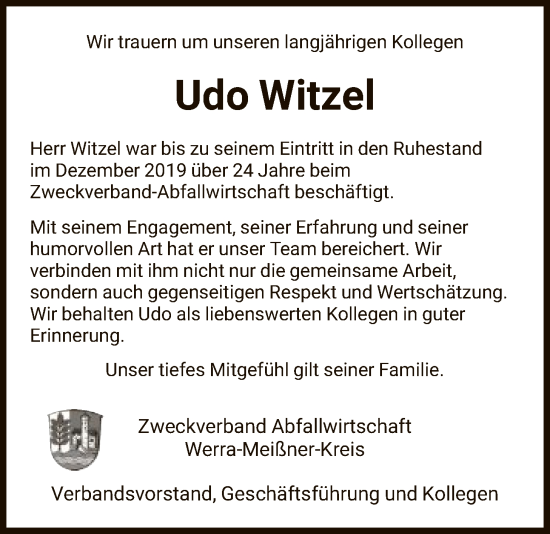Traueranzeige von Udo Witzel von WRS