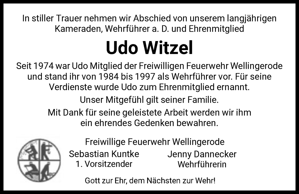  Traueranzeige für Udo Witzel vom 17.01.2026 aus WRS