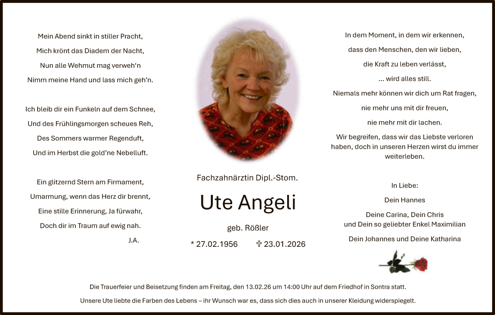  Traueranzeige für Ute Angeli vom 31.01.2026 aus WRS