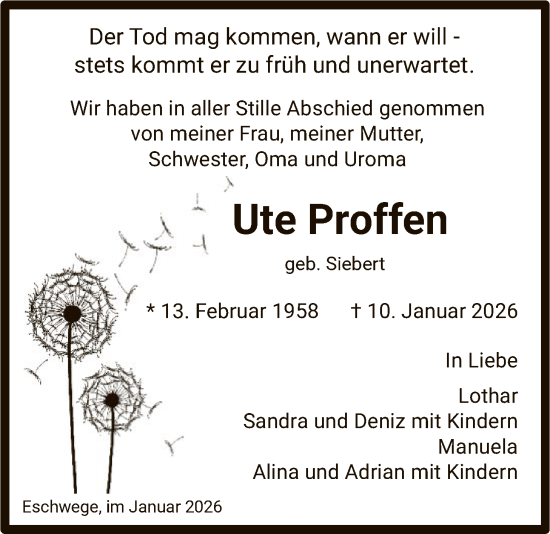 Traueranzeige von Ute Proffen von WRS